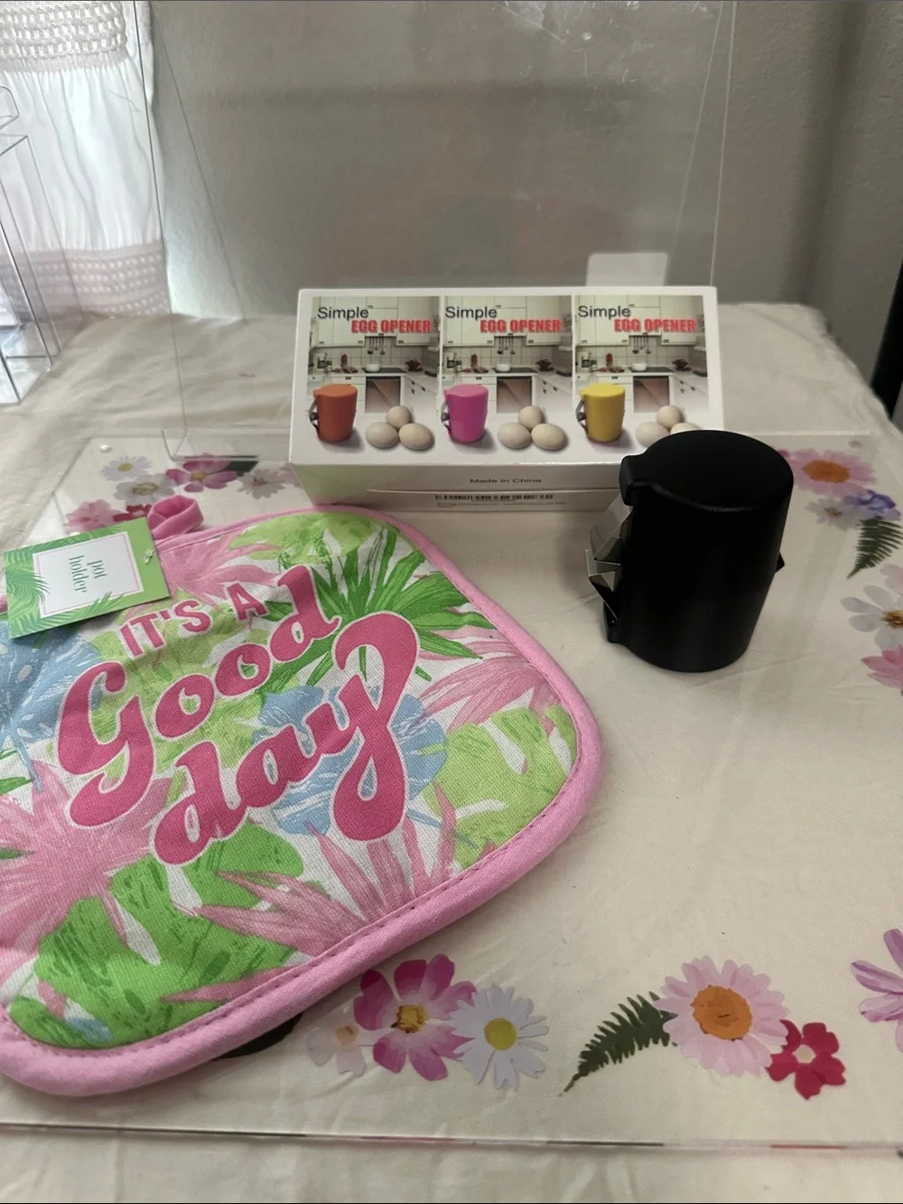 Bright Pink 'It's a Good Day' Oven Mitt / Pot Holder with 3 sets of egg openers